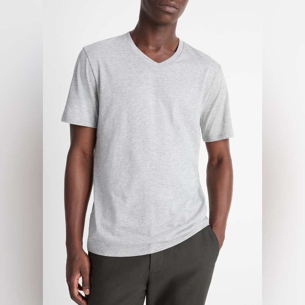 Vince Men’s Pima Cotton V-Neck T-Shirt in Heather Steel, size M